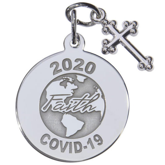 The Covid-19 World Faith with Cross Charm in Sterling Silver, by Rembrandt Charms, includes a circular pendant engraved with "2020 Faith COVID-19" and a globe design, accompanied by a small cross charm symbolizing worldwide faith during challenging times.