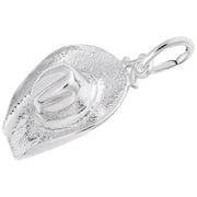 The Cowboy Hat Charm in Sterling Silver by Rembrandt Charms features a textured surface and a small loop at the top for easy attachment, perfectly capturing the spirit of Western culture.
