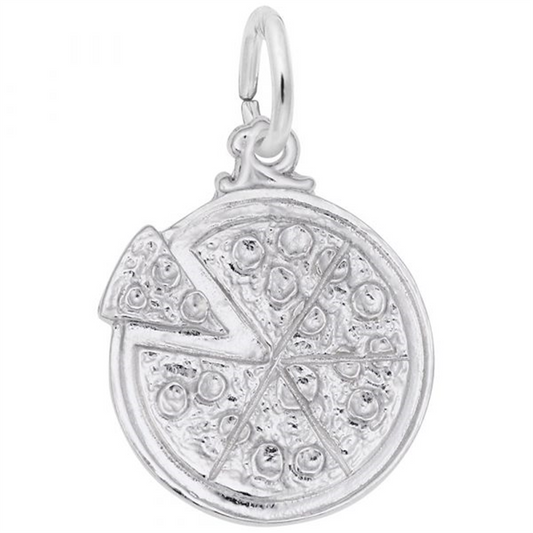 The Pizza Pie Charm by Rembrandt Charms is crafted from polished sterling silver and resembles a whole pizza with detailed toppings. A single slice is separated to evoke the image of a nearly complete pie. The charm includes a loop at the top for easy attachment to a chain or bracelet.