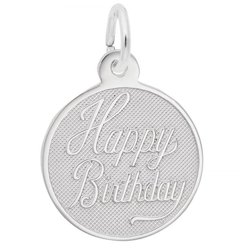 The Rembrandt Charms Birthday Disc Charm in Sterling Silver is a round pendant featuring a small loop at the top for attaching to a chain. This exquisite piece of jewelry boasts a textured background with the words "Happy Birthday" elegantly engraved in cursive script, making it an ideal birthday gift.