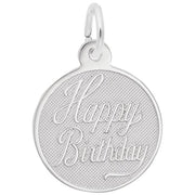The Rembrandt Charms Birthday Disc Charm in Sterling Silver is a round pendant featuring a small loop at the top for attaching to a chain. This exquisite piece of jewelry boasts a textured background with the words "Happy Birthday" elegantly engraved in cursive script, making it an ideal birthday gift.