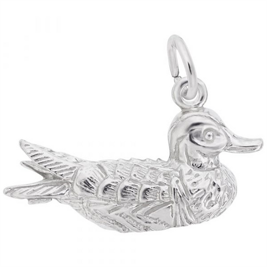 Rembrandt Charms' Duck is a silver, duck-shaped charm featuring textured details like intricate feather patterns, a defined beak, and includes a loop for attaching to bracelets or necklaces.
