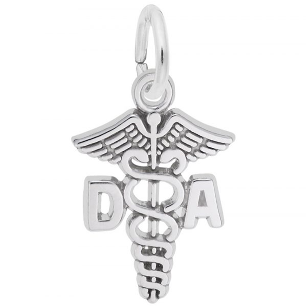 Introducing the Rembrandt Charms Dental Asst Charm in sterling silver—a beautifully crafted piece featuring wings, two snakes entwined around a staff, and the letters “D” and “A” on either side near the top. This unique dental caduceus jewelry makes a perfect gift for any dental assistant.