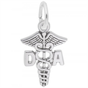 Introducing the Rembrandt Charms Dental Asst Charm in sterling silver—a beautifully crafted piece featuring wings, two snakes entwined around a staff, and the letters “D” and “A” on either side near the top. This unique dental caduceus jewelry makes a perfect gift for any dental assistant.