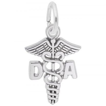 Introducing the Rembrandt Charms Dental Asst Charm in sterling silver—a beautifully crafted piece featuring wings, two snakes entwined around a staff, and the letters “D” and “A” on either side near the top. This unique dental caduceus jewelry makes a perfect gift for any dental assistant.