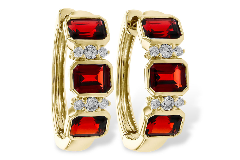 Allison Kaufman 14k yg garnet huggie hoops in 14k gold featuring three emerald-cut red garnets alternating with pairs of small round diamonds.