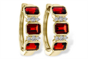 Allison Kaufman 14k yg garnet huggie hoops in 14k gold featuring three emerald-cut red garnets alternating with pairs of small round diamonds.