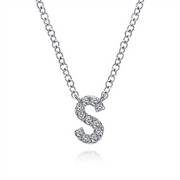 The Gabriel & Co 14K White Gold Diamond S Initial Pendant Necklace features a delicate chain, adorned with small, sparkling diamonds for a shimmering effect. This timeless piece is part of the Classic Collection and exudes elegance with its 14K white gold craftsmanship.
