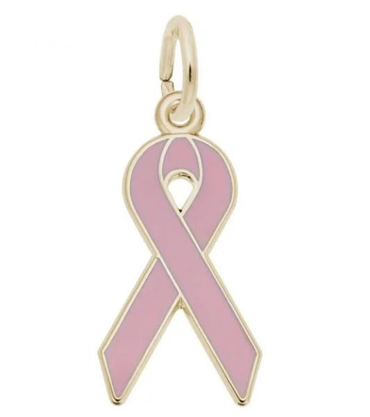Introducing the Rembrandt Charms Pink Cancer Ribbon Charm in 10K yellow gold, this elegant charm showcases a pink cancer ribbon with a delicate oval loop for attachment. The pink ribbon is widely recognized as a symbol of breast cancer awareness.