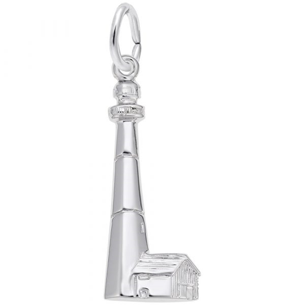 The Rembrandt Charms "Tybee, GA Lighthouse - Sterling Silver" features a sterling silver charm designed as the iconic Tybee, GA Lighthouse, complete with a small adjacent building at its base. The lighthouse has a tall, tapered structure with a round viewing platform near the top and a loop at the very top for attaching it to a chain or bracelet.