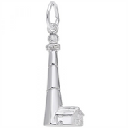 The Rembrandt Charms "Tybee, GA Lighthouse - Sterling Silver" features a sterling silver charm designed as the iconic Tybee, GA Lighthouse, complete with a small adjacent building at its base. The lighthouse has a tall, tapered structure with a round viewing platform near the top and a loop at the very top for attaching it to a chain or bracelet.