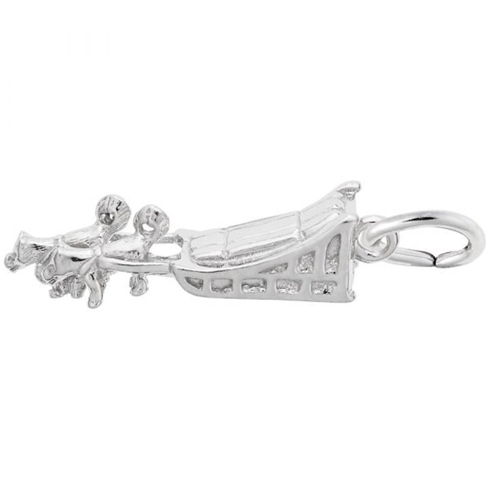 A detailed sterling silver charm by Rembrandt Charms is designed to resemble a dog sled. The charm has ornate features and is attached to a small loop, likely for attaching to a bracelet or necklace.