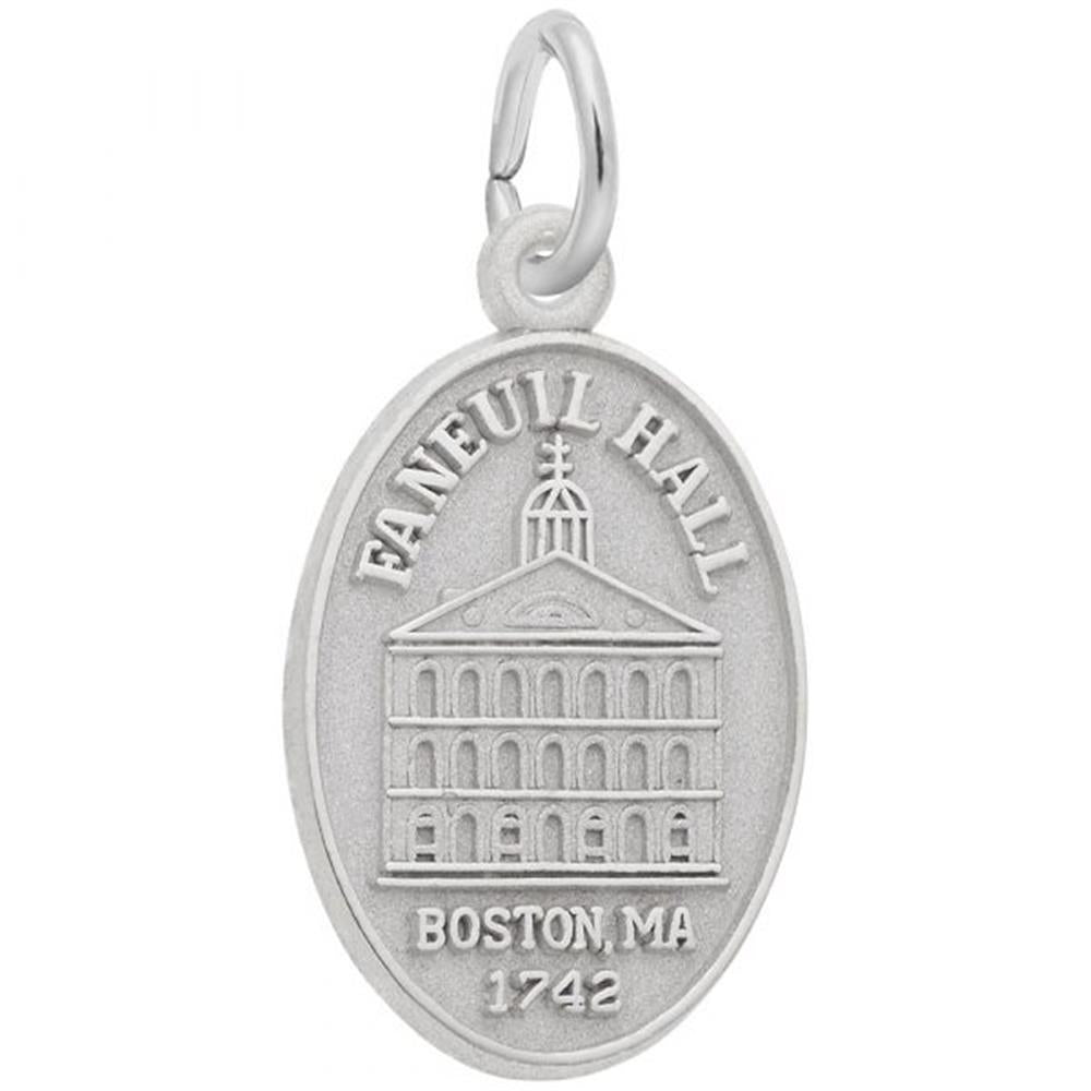 The Faneuil Hall Oval Disc - Sterling Silver Charm by Rembrandt Charms is an exquisitely crafted piece featuring an engraved depiction of Faneuil Hall with its distinctive facade. The text "FANEUIL HALL" is elegantly arched above the building, and "BOSTON, MA 1742" is precisely inscribed below. A small metal loop at the top allows for easy attachment to a chain or bracelet.