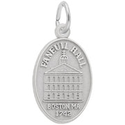 The Faneuil Hall Oval Disc - Sterling Silver Charm by Rembrandt Charms is an exquisitely crafted piece featuring an engraved depiction of Faneuil Hall with its distinctive facade. The text "FANEUIL HALL" is elegantly arched above the building, and "BOSTON, MA 1742" is precisely inscribed below. A small metal loop at the top allows for easy attachment to a chain or bracelet.