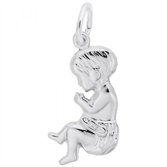 The Rembrandt Charms "Baby - Sterling Silver Charm" features a seated baby wearing a diaper, with its head bowed and hands together. The charm comes with a polished finish and includes a small loop at the top for easy attachment to a chain or bracelet.