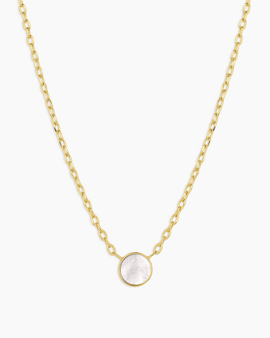 The Gorjana Rose Marble Coin Necklace features a single round mother of pearl pendant set in a gold frame, 18k gold plated, displayed on a plain white background.