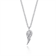 The Gabriel & Co silver angel wings necklace features a delicate chain and detailed pendant, perfect for engraving, shown on a plain white background.