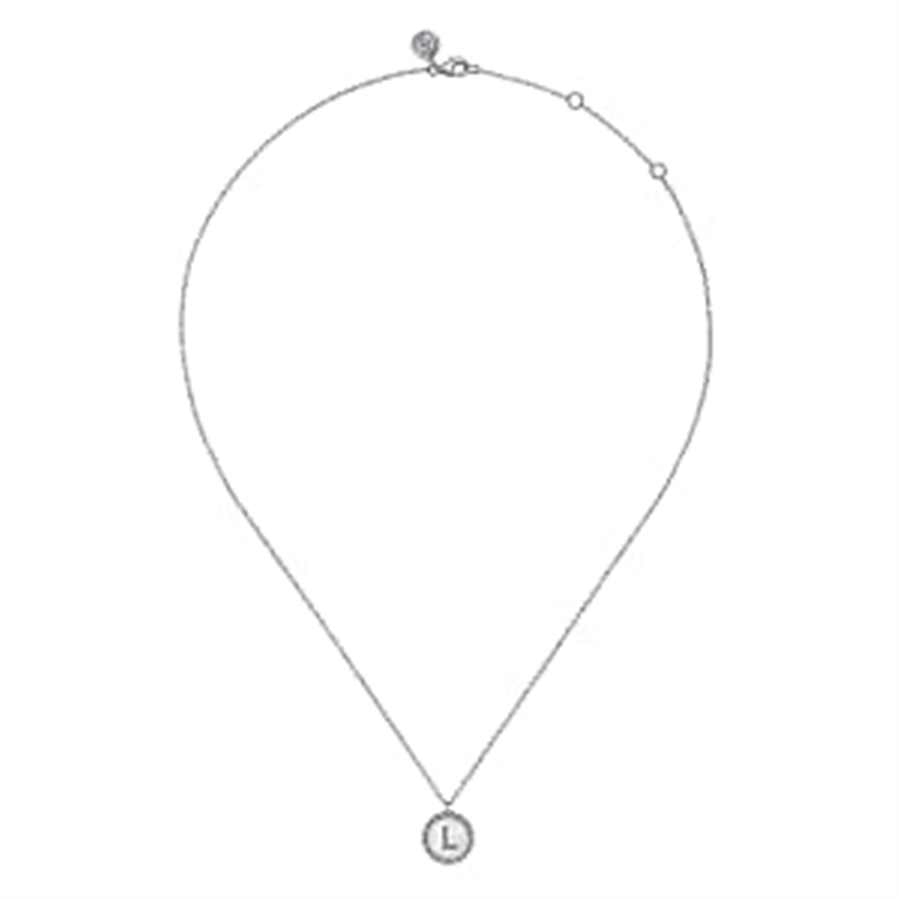 Presenting the Gabriel & Co 925 Sterling Silver Diamond Bujukan Initial L Necklace: This elegant piece features a thin chain and a small round pendant showcasing the letter "L." Crafted with meticulous attention to detail, it is made from high-quality 925 Sterling Silver and adorned with diamond accents. Part of the distinguished Bujukan Collection, the necklace boasts a clasp at the top decorated with delicate beads, forming an attractive large teardrop shape when worn.