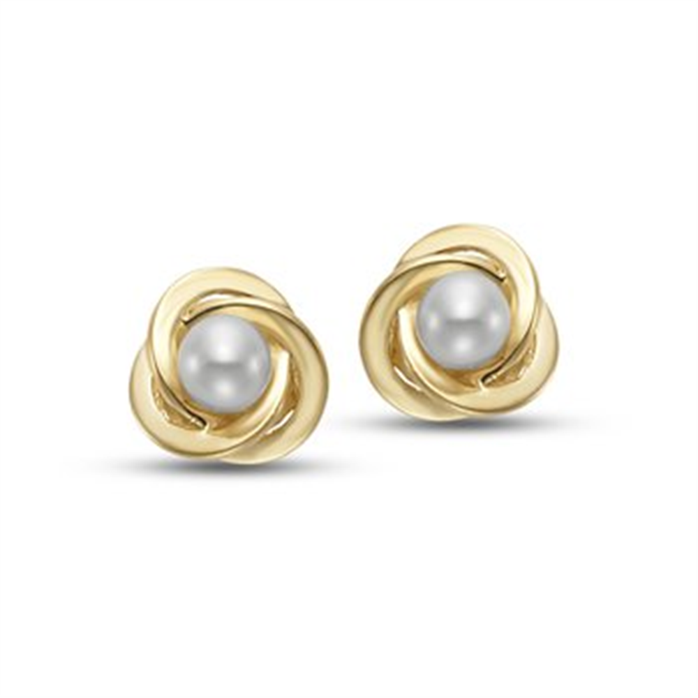 The Mastoloni Pearls 3MM gold halo pearl studs feature a single round white pearl at the center of each earring, showcased against a white background.