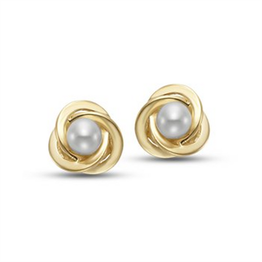 The Mastoloni Pearls 3MM gold halo pearl studs feature a single round white pearl at the center of each earring, showcased against a white background.