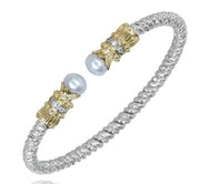 The Alwand Vahan Jewelry White Pearl 3mm Bracelet boasts a textured sterling silver and gold design, highlighted by two gold floral end caps each adorned with a pearl. Its open-ended style ensures comfortable wear while adding an elegant touch to any outfit.