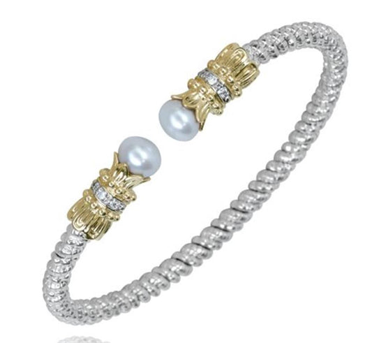 The Alwand Vahan Jewelry White Pearl 3mm Bracelet boasts a textured sterling silver and gold design, highlighted by two gold floral end caps each adorned with a pearl. Its open-ended style ensures comfortable wear while adding an elegant touch to any outfit.