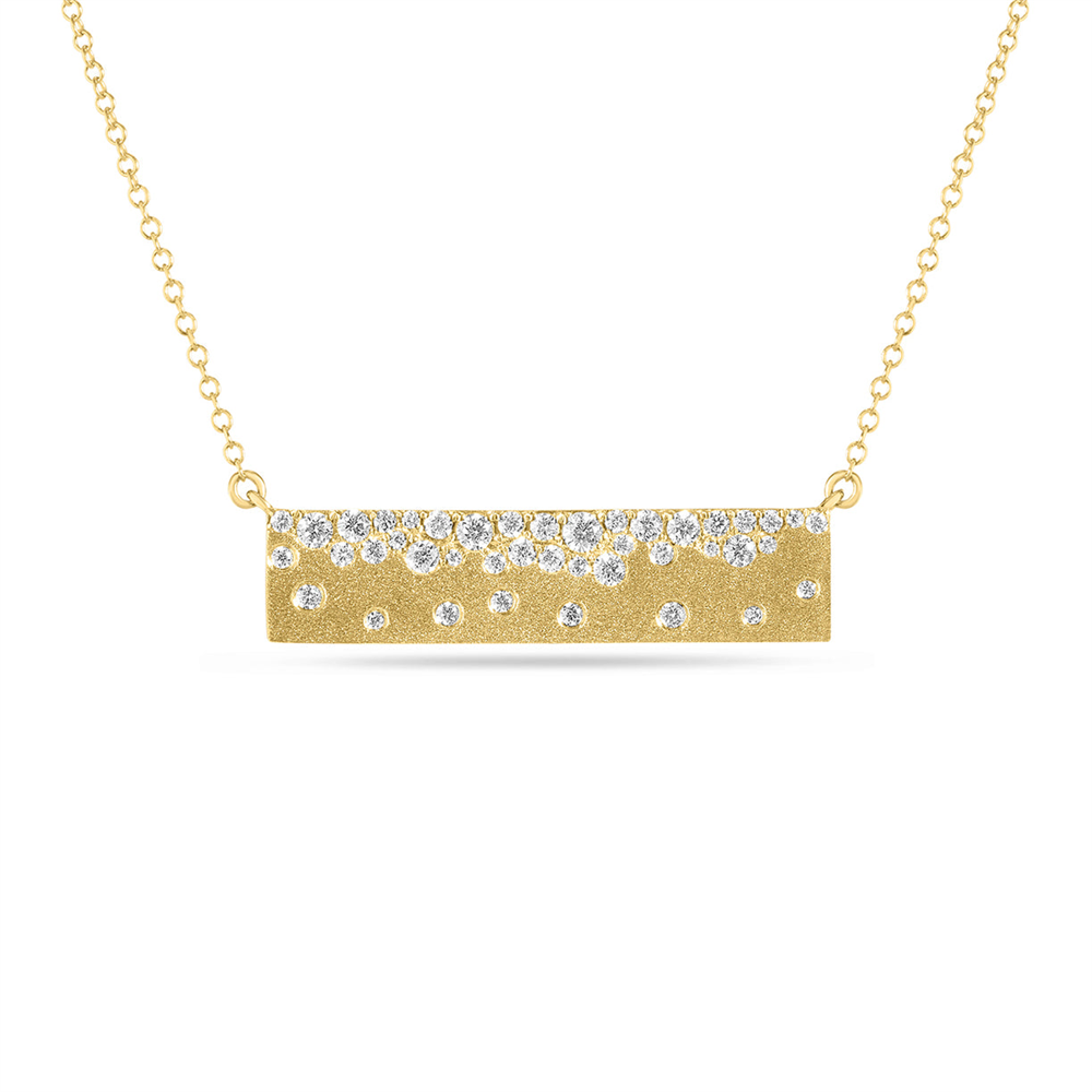 The Dilamani Diamond Scatter Bar Pendant features a rectangular bar set with scattered white diamonds totaling 0.59 carats, crafted in 14k yellow gold with a satin finish and suspended from a gold chain.