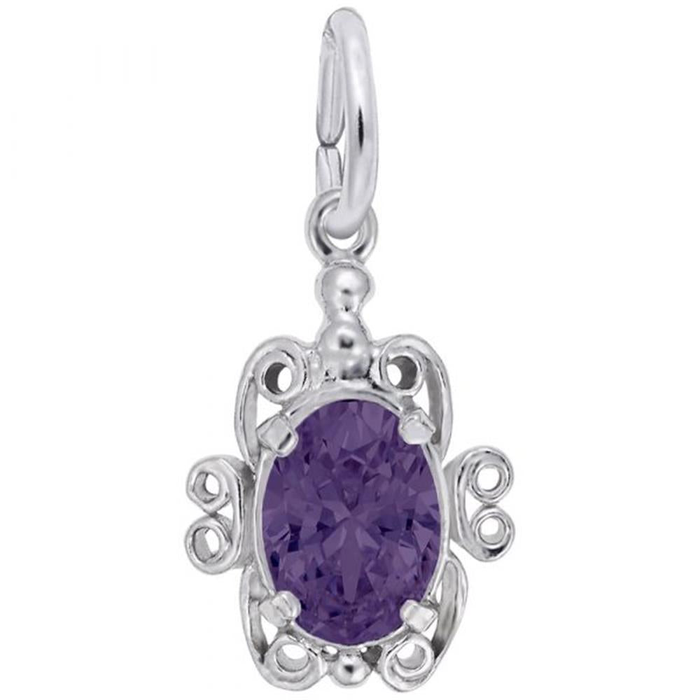 Rembrandt Charms' Filigree February Birthstone Charm, crafted from sterling silver, is shaped like a turtle and features an amethyst-colored stone as its shell. The pendant boasts intricate filigree detailing around the stone and includes a small loop at the top for easy attachment to a chain or bracelet.