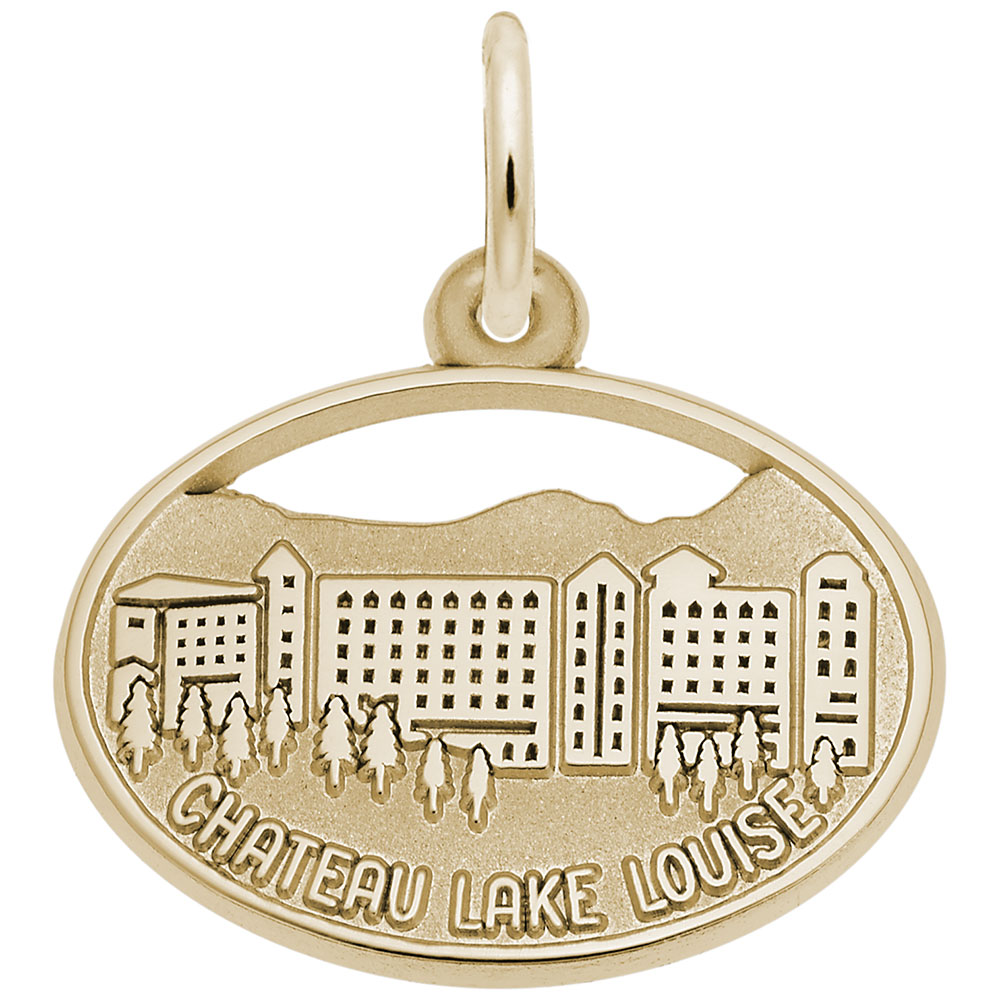 The Rembrandt Charms Chateau Lake Louise - Gold Plated Charm features a detailed engraving of the iconic hotel amid trees and mountains, with "CHATEAU LAKE LOUISE" inscribed at the bottom.