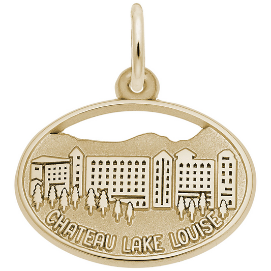 The Rembrandt Charms Chateau Lake Louise - Gold Plated Charm features a detailed engraving of the iconic hotel amid trees and mountains, with "CHATEAU LAKE LOUISE" inscribed at the bottom.