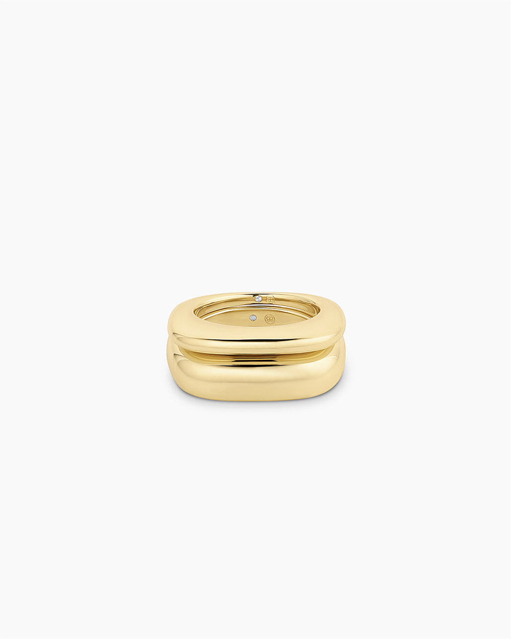 The Gorjana Charlie Ring Set features two bold, rectangular 18k gold plated rings in size 5.25 with rounded edges and a smooth finish, shown from the front against a plain white background.