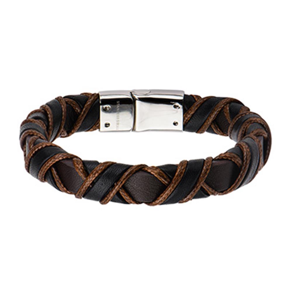 The Men's Black and Light Brown Leather Bracelet by INOX features intricately braided black and light brown strands, highlighted by a sleek silver-colored clasp. Measuring 8.5 inches, it offers a rugged yet elegant design, perfect for both casual and formal occasions.
