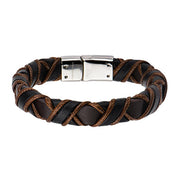 The Men's Black and Light Brown Leather Bracelet by INOX features intricately braided black and light brown strands, highlighted by a sleek silver-colored clasp. Measuring 8.5 inches, it offers a rugged yet elegant design, perfect for both casual and formal occasions.