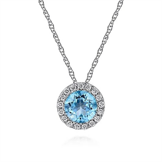 14K White Gold Round Swiss Blue Topaz and Diamond Halo Pendant Necklace