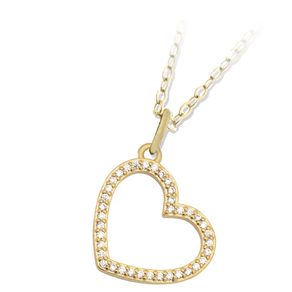 The T Jazelle Beautiful Soul Gold Charm Necklace features a gold over sterling silver chain with an open heart-shaped pendant outlined in sparkling white stones, displayed on a white background.
