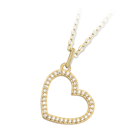 The T Jazelle Beautiful Soul Gold Charm Necklace features a gold chain and a heart-shaped pendant outlined with sparkling white stones, creating an open-center design perfect for expressing your unique style.