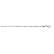A close-up image of the Silver 1.8mm Singapore Chain with Lobster Lock by Royal Chain Group-Royal Chain, showcasing its thin, twisted design. The image features a lobster lock at the right end of the 16-inch silver chain for secure fastening. The plain white background highlights the intricate details of the chain's craftsmanship.