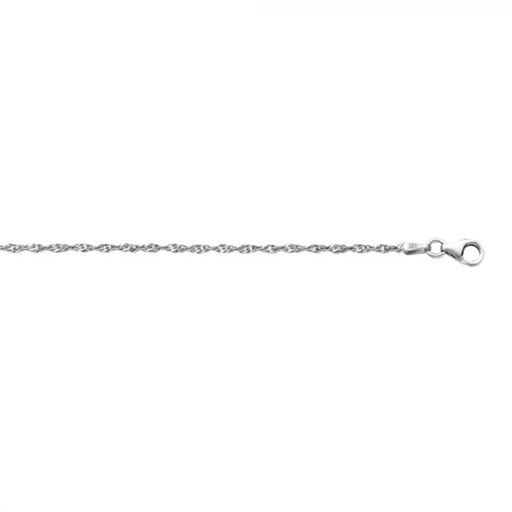 An image of the Royal Chain Group-Royal Chain's Silver 1.8mm Singapore Chain with Lobster Lock- 18 inch necklace, showcasing its delicate and finely crafted twisted rope design. The thin chain features a small lobster clasp positioned at the right end, set against a plain white background.