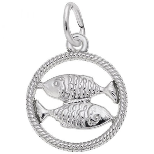 The Pisces Charm by Rembrandt Charms is crafted in sterling silver and features two fish inside a circular rope-patterned frame. The fish face opposite directions, symbolizing the Pisces Zodiac, and the charm includes a loop at the top for easy attachment to a chain.