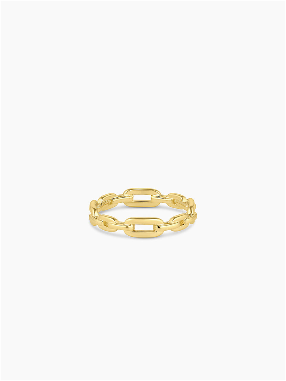 The Gorjana Parker Link Ring, size 7, showcases an interlocking chain-link design with an 18k gold plated finish, set against a plain white background.