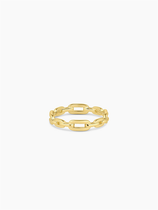 The Gorjana Parker Link Ring, size 7, showcases an interlocking chain-link design with an 18k gold plated finish, set against a plain white background.