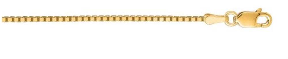 A close-up image of the Royal Chain Group-Royal Chain 14K Gold 1.1mm Classic Box Chain with Lobster Lock features square, tightly connected links that create a smooth, continuous appearance. The lobster lock clasp is positioned to the right side of the image.