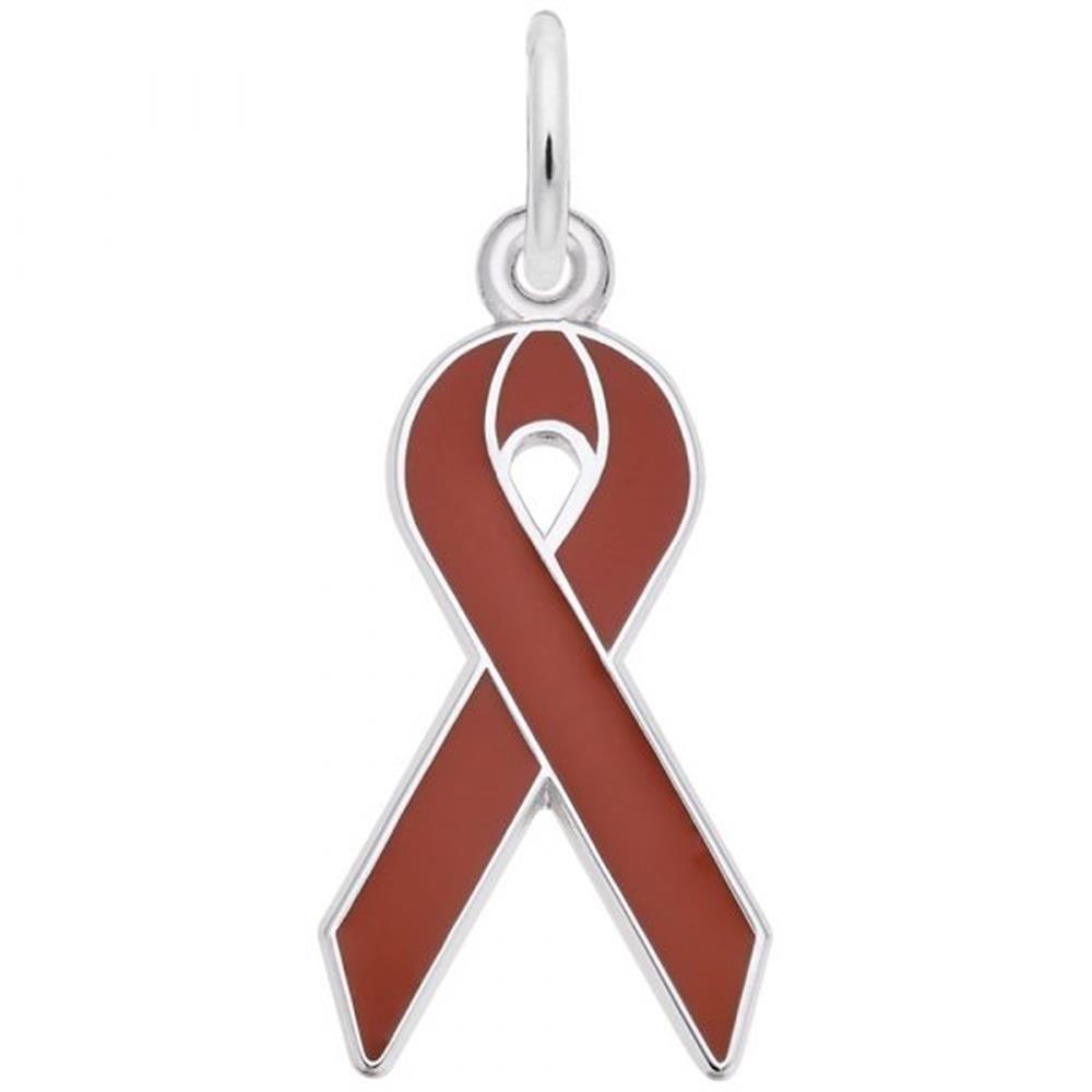 The Rembrandt Charms Red Ribbon Charm, crafted from Sterling Silver, is designed in the shape of a looped red ribbon with a solid red interior. It features a top loop for easy attachment to a chain or bracelet.