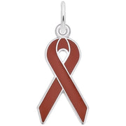 The Rembrandt Charms Red Ribbon Charm, crafted from Sterling Silver, is designed in the shape of a looped red ribbon with a solid red interior. It features a top loop for easy attachment to a chain or bracelet.