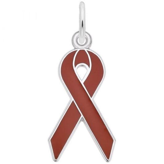 The Rembrandt Charms Red Ribbon Charm, crafted from Sterling Silver, is designed in the shape of a looped red ribbon with a solid red interior. It features a top loop for easy attachment to a chain or bracelet.