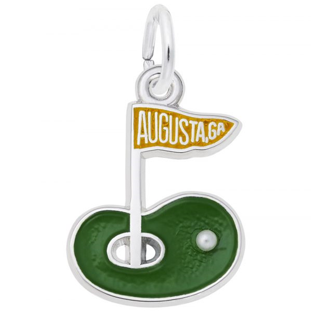 It features a detailed design of a golf green with a flag bearing the inscription "AUGUSTA, GA." The charm is crafted in sterling silver with green enamel, symbolizing the lush green golf course. The dimensions of the charm are 0.53 inches by 0.62 inches (13.45 mm by 15.78 mm), making it a perfect addition to any charm bracelet for golf enthusiasts. The style number for this charm is 3501.