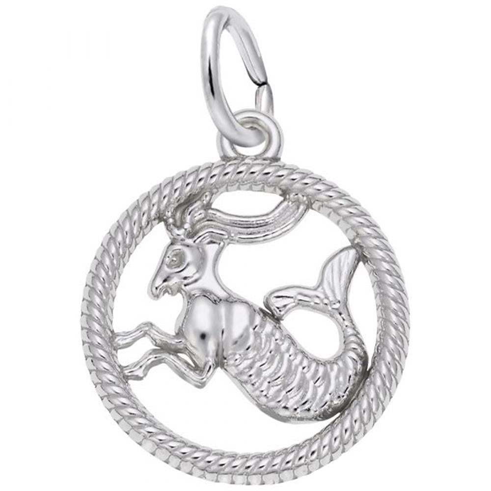The Rembrandt Charms Capricorn Goat Charm in Sterling Silver showcases the mythical sea-goat, with a goat's upper body and a fish tail, enclosed within a rope-textured circular border. The pendant also features a loop at the top for easy attachment to a chain.