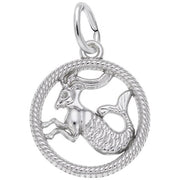 The Rembrandt Charms Capricorn Goat Charm in Sterling Silver showcases the mythical sea-goat, with a goat's upper body and a fish tail, enclosed within a rope-textured circular border. The pendant also features a loop at the top for easy attachment to a chain.