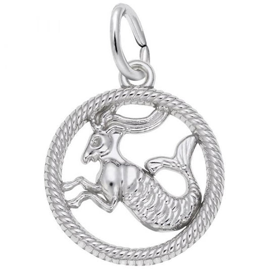 The Rembrandt Charms Capricorn Goat Charm in Sterling Silver showcases the mythical sea-goat, with a goat's upper body and a fish tail, enclosed within a rope-textured circular border. The pendant also features a loop at the top for easy attachment to a chain.