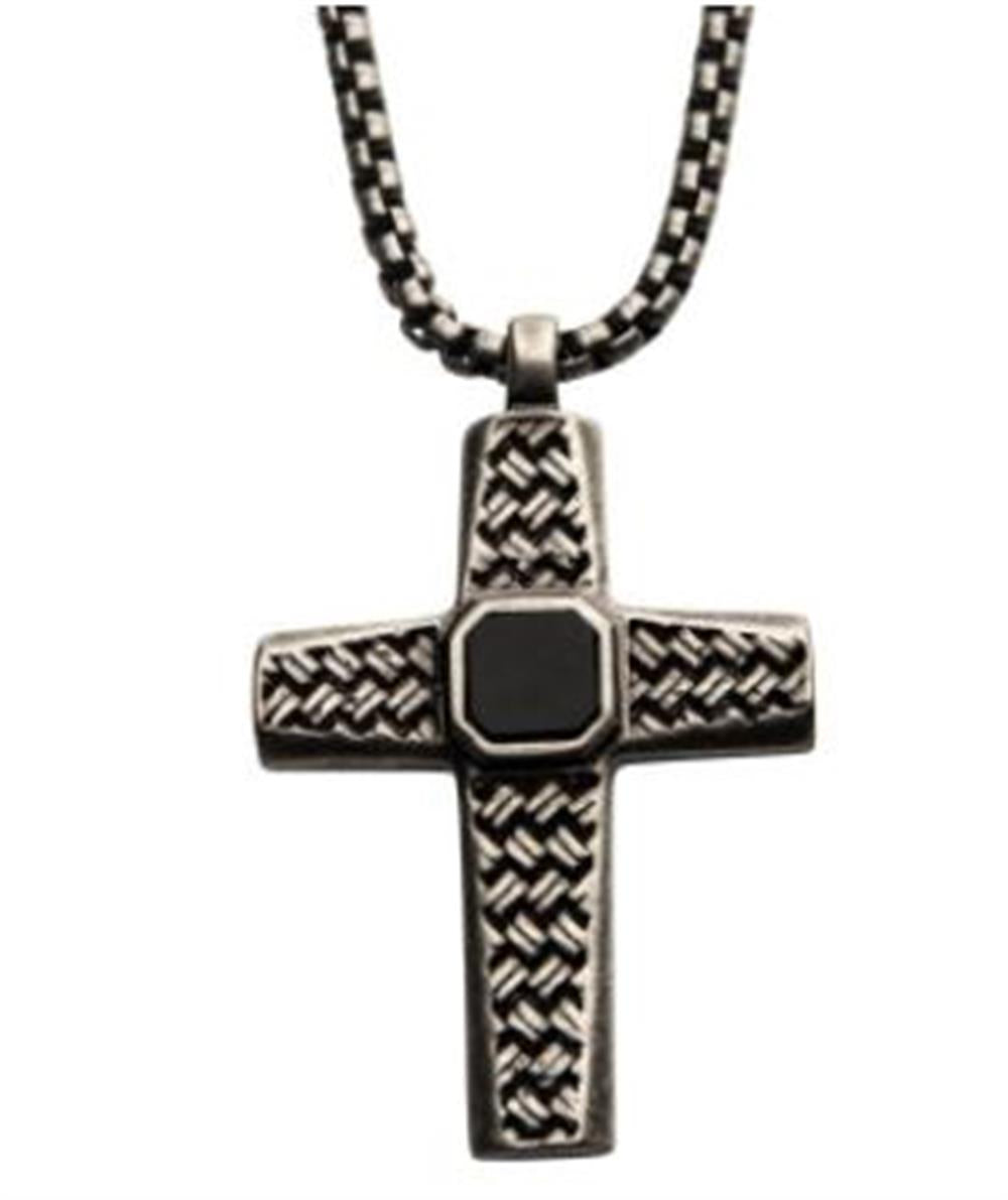 The INOX Stainless Steel Silver Plated Cross Pendant features a sophisticated black agate stone at its center and includes a sturdy steel box chain. The pendant showcases an ornate and textured surface, exuding elegance and intricate detailing throughout.